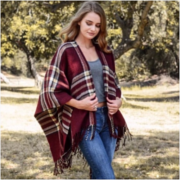 Bohemian Plaid Tassel Sweater Cardi Kimono Scarf - Picture 3 of 6